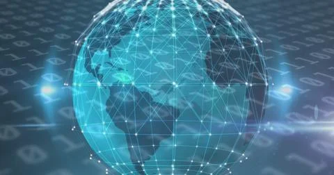Image of globe with network and connections over binary coding Illustrazione stock