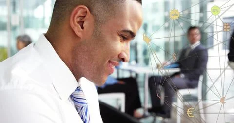Image of globe with network and icons over biracial businessman using smartphone Stock Photos