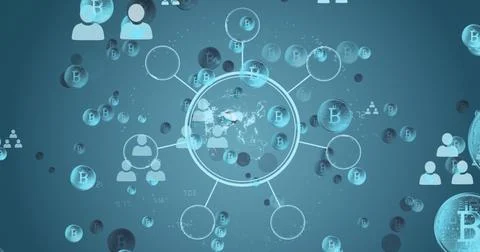 Image of globe with network of connections with bitcoin icons and data Stock Illustration