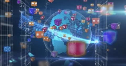 Image of globe with network of connections with data processing and icons Stock Illustration