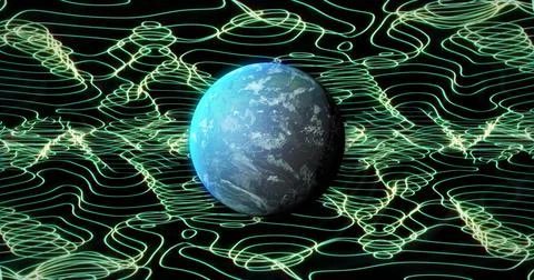 Image of globe with network of connections with green lines on black background Stock Illustration