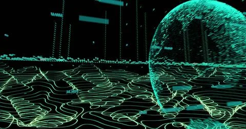 Image of globe with network of connections with green lines on black background Stock Illustration