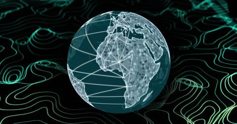 Image of globe with network of connections with green lines on black background Stock Illustration