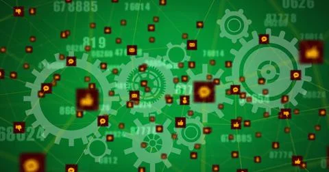 Image of globe of network of connections with icons, cogs and numbers Illustrazione stock