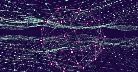 Image of globe of network of connections with multiple icons over waving mesh Stock Illustration