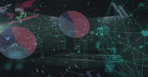 Image of globe of network of connections with numbers and data processing Stock Photos