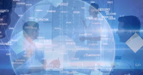 Image of globe of network of connections over business people Foto stock