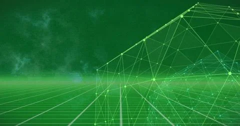 Image of globe of network of connections over grid network against green Stock Photos