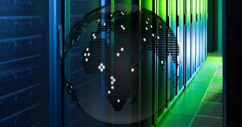 Image of globe with network of connections over computer servers Stock Photos