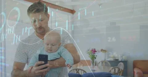 Image of globe of network of connections over caucasian man with baby using Foto stock