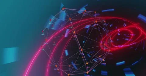 Image of globe of network of connections over glowing tunnel in seamless pattern Stock Photos