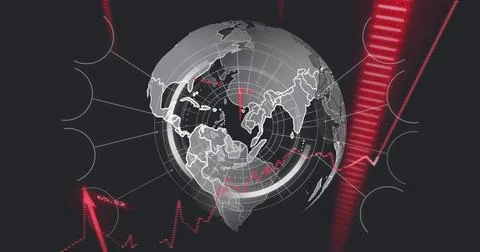 Image of globe, networks and digital data processing over black background Illustrazione stock