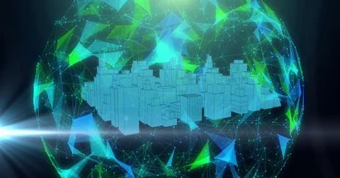 Image of globe with networks of connections with 3d cityscape spinning Stock Illustration
