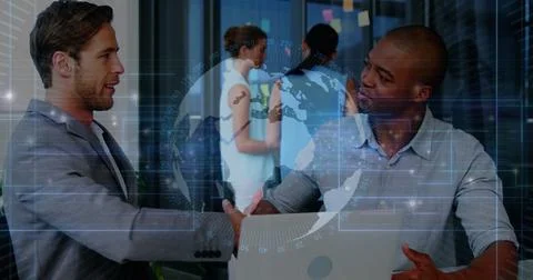 Image of globe, numbers and moving lines over diverse entrepreneurs shaking Stock Illustration