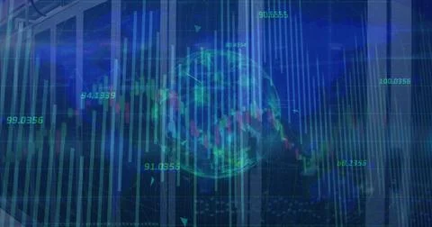 Image of globe with numbers, lines and graphs moving over data server racks Foto stock
