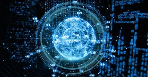Image of globe with numbers rotating over binary codes and computer language Stock Photos