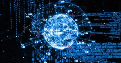 Image of globe with numbers rotating over binary codes and programming language Stock Photos