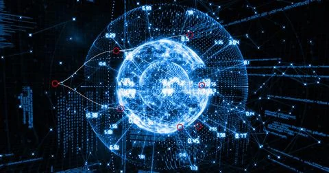 Image of globe with numbers rotating over binary codes and programming language Stock Photos
