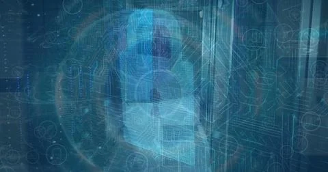 Image of globe, online security padlock and data processing over computer Illustrazione stock