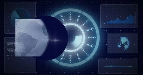 Image of globe over data processing with scope scanning on black background Stock Illustration