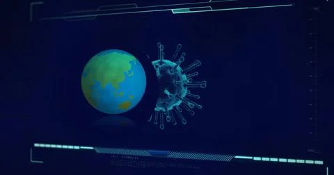 Image of globe over data processing with virus cell on black background Stock Illustration