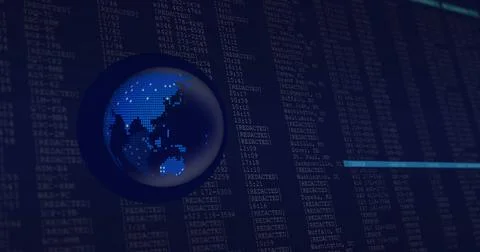 Image of globe over data processing on black background 库存插图