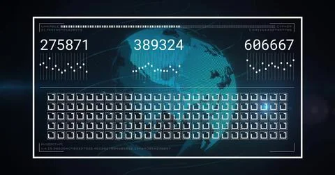 Image of globe over data processing on black background Illustrazione stock