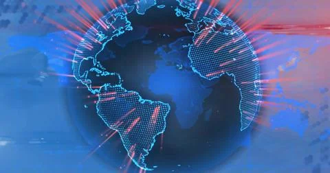 Image of globe over data processing and world map on blue background 스톡 일러스트
