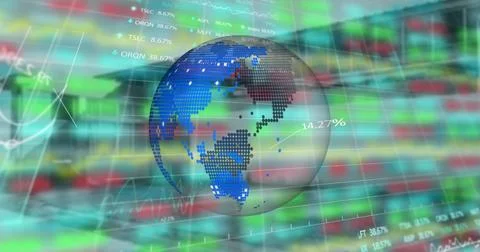 Image of globe over financial graphs and data イラスト素材
