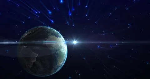 Image of globe over light spots on black background Ilustração Stock