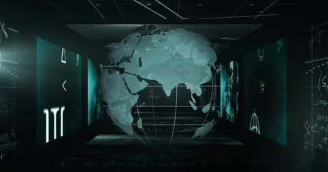 Image of globe over mathematical equations and symbols on black background Foto stock