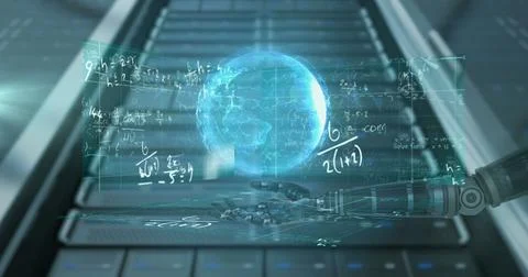 Image of globe over robot's arm and data processing on screens Stock Illustration