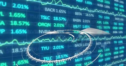 Image of globe over round scanner and stock market data processing against blue Stockfoto's