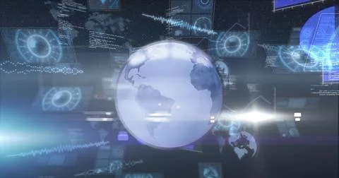 Image of globe over scope scanning and data processing Illustrazione stock