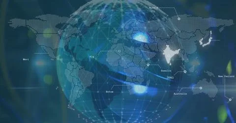 Image of globe over world map and data processing 스톡 일러스트