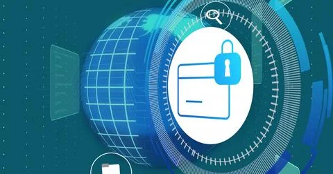 Image of globe, padlock icon and data processing over blue background Stock Photos