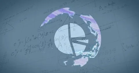 Image of globe, pie chart and math formulas on grey background Stock Photos