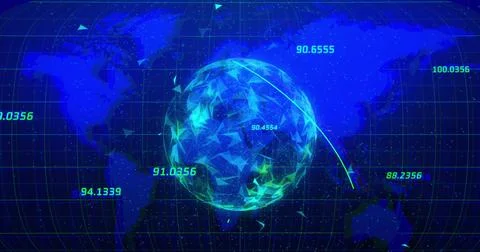 Image of globe of plexus networks spinning over world map against blue Stock Photos