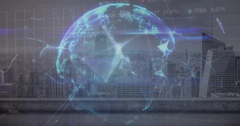 Image of globe of plexus networks, statistical, stock market data processing Stock Illustration