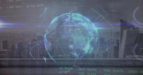 Image of globe of plexus networks, statistical, stock market data processing Stock Illustration