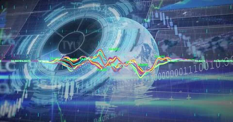 Image of globe, processing circle, lights, graphs and financial data on dig.. Stock Photos