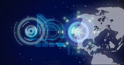 Image of globe, processing circles and data on navy background Stock Illustration
