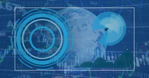 Image of globe, processing circles, graphs and financial data on digital scre Stock Photos