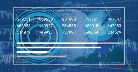Image of globe, processing circles, graphs and financial data on digital scre Stock Photos