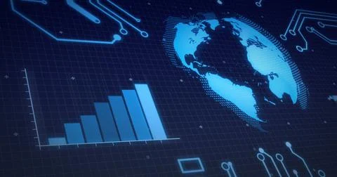 Image of globe, processor elements and data processing on grid Stock Illustration