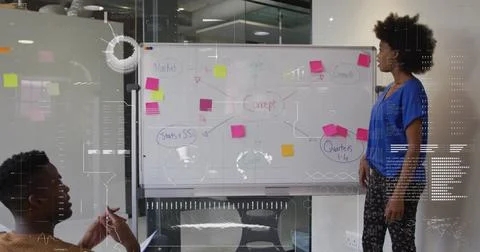 Image of globe, radar, dna helix, diverse female explaining strategy to coworker Stock Photos