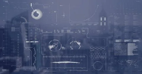 Image of globe, radar, loading bars and circles over modern cityscape against Ilustración de archivo