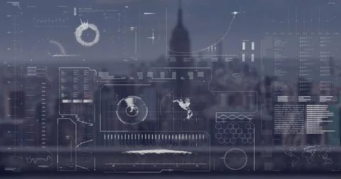 Image of globe, radar, loading bars and circles over modern cityscape against Stock Illustration