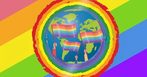 Image of globe with rainbow flags over rainbow background Stock Photos