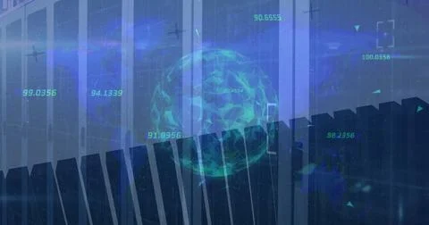 Image of globe rotating and multiple graphs with numbers over data server racks 스톡 사진